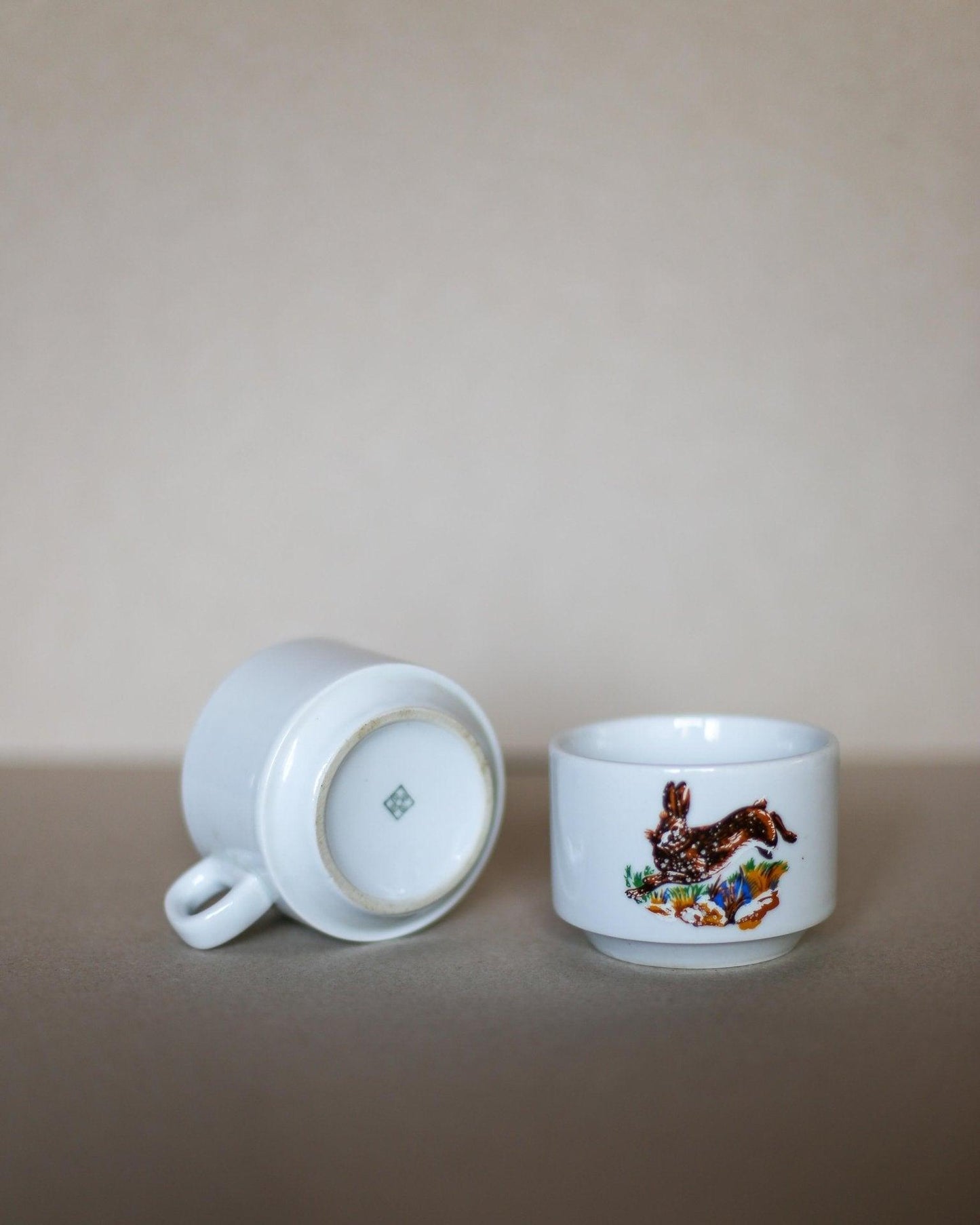 Set of 2 large Jugokeramika coffee cups with rabbit motif - Made in Yugoslavia