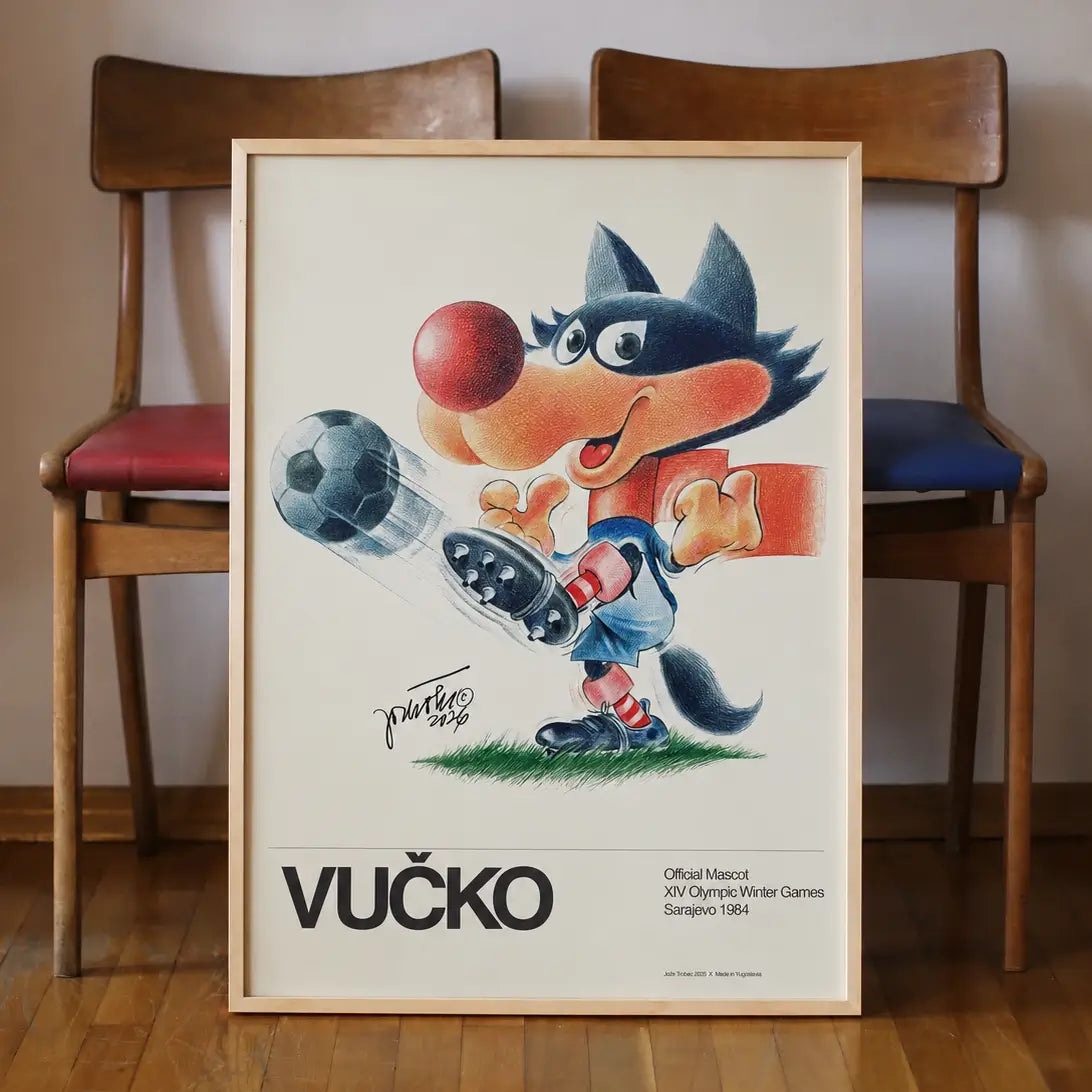 Framed poster of Vucko with two chairs in the background.