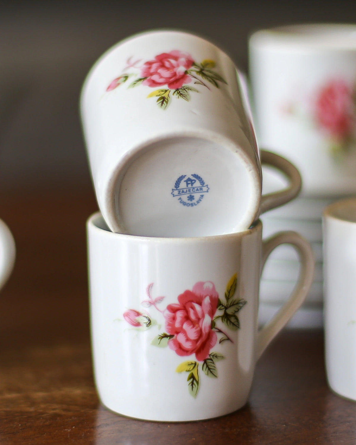 Vintage FP Zaječar Rose Espresso Cups & Saucers – Set of 6