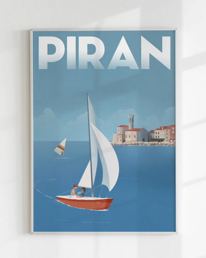 Poster of Piran, Slovenia, with a vintage sailboat Elan and coastal scene on a blue background