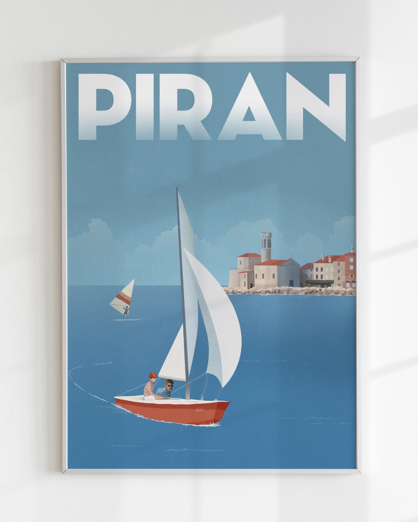 Poster of Piran, Slovenia, with a vintage sailboat Elan and coastal scene on a blue background