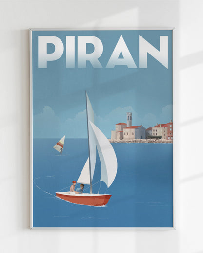 Poster of Piran, Slovenia, with a vintage sailboat Elan and coastal scene on a blue background