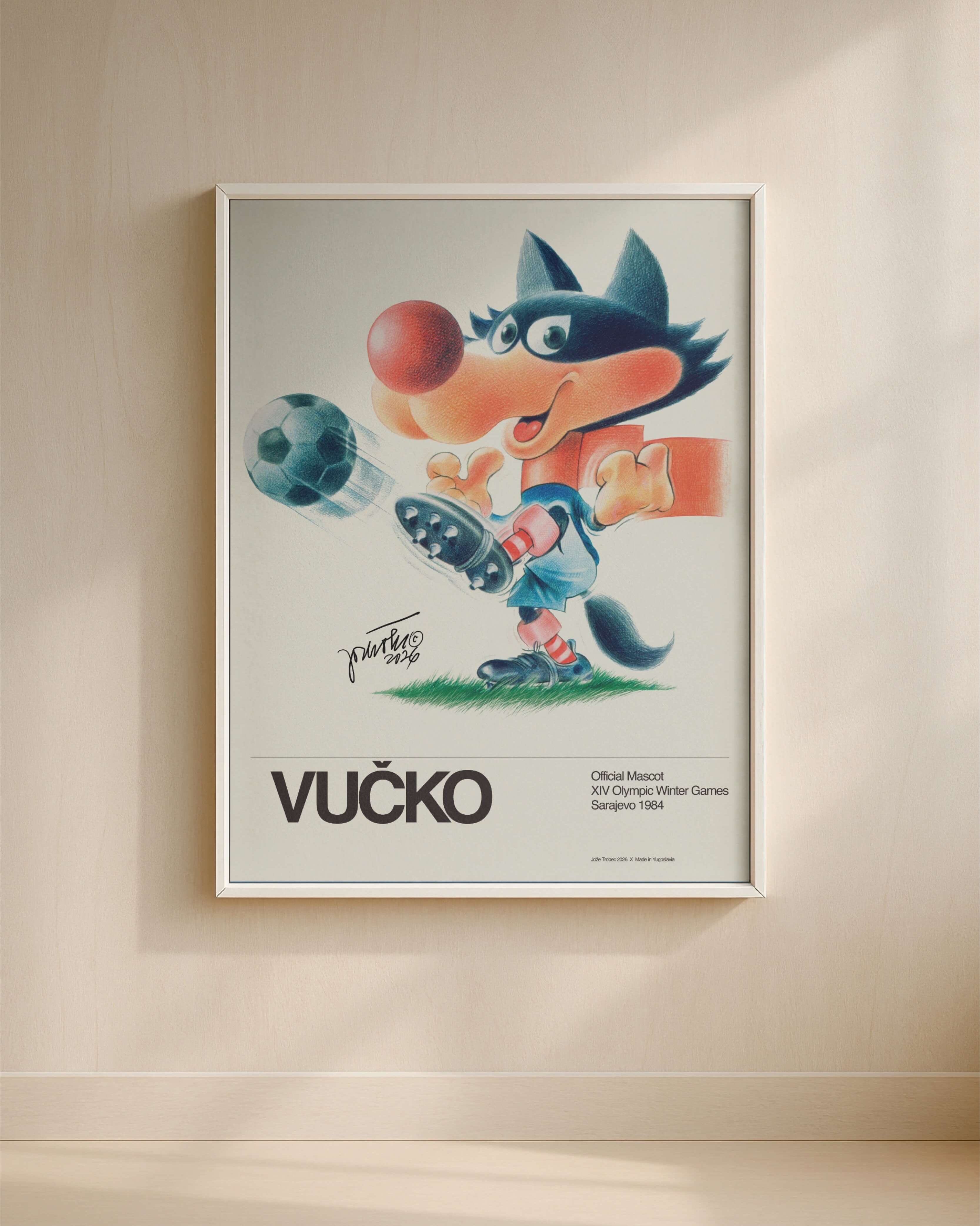 Framed illustration of Vučko on a beige wall