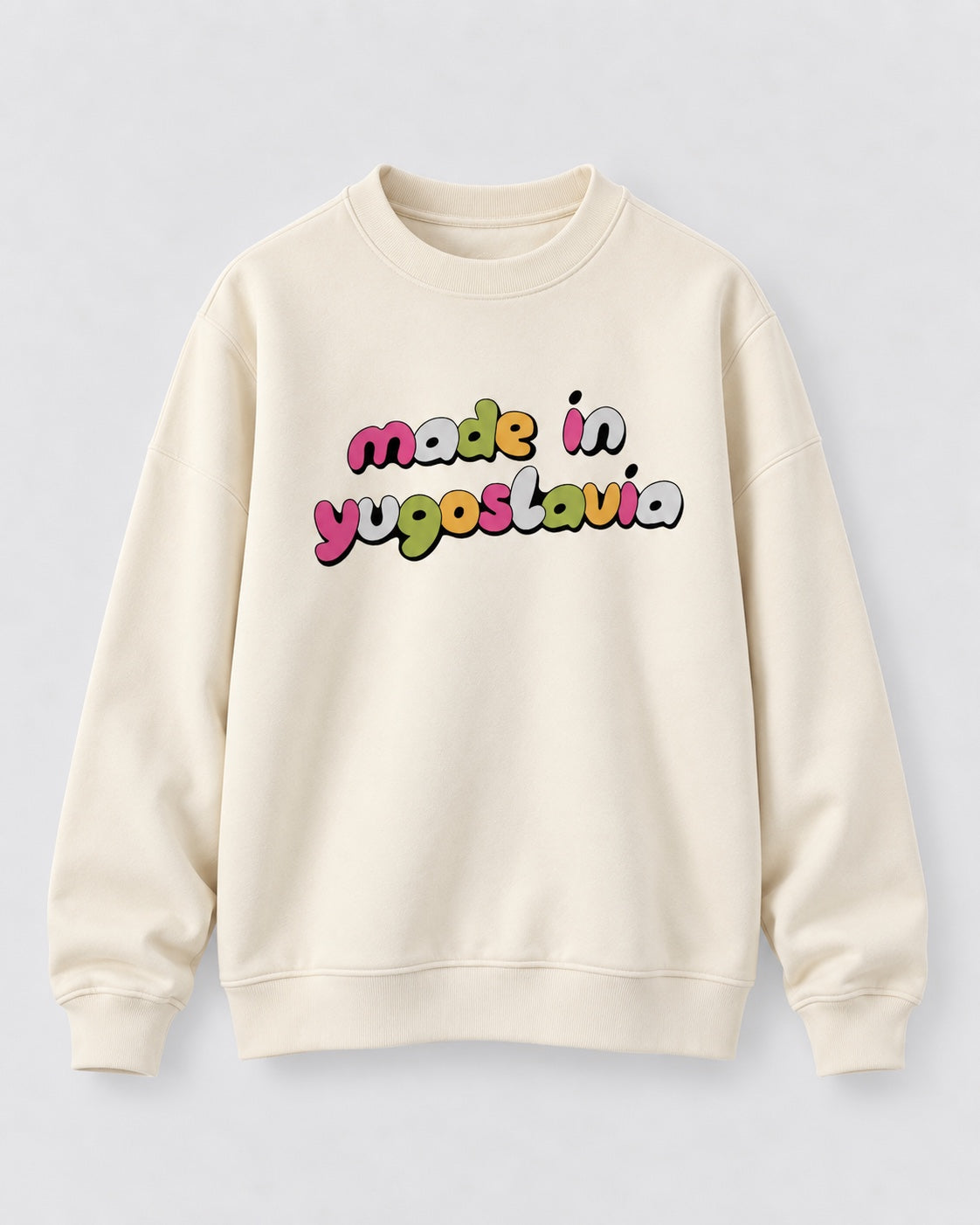 Front view of cream Made in Yugoslavia oversized crewneck sweatshirt