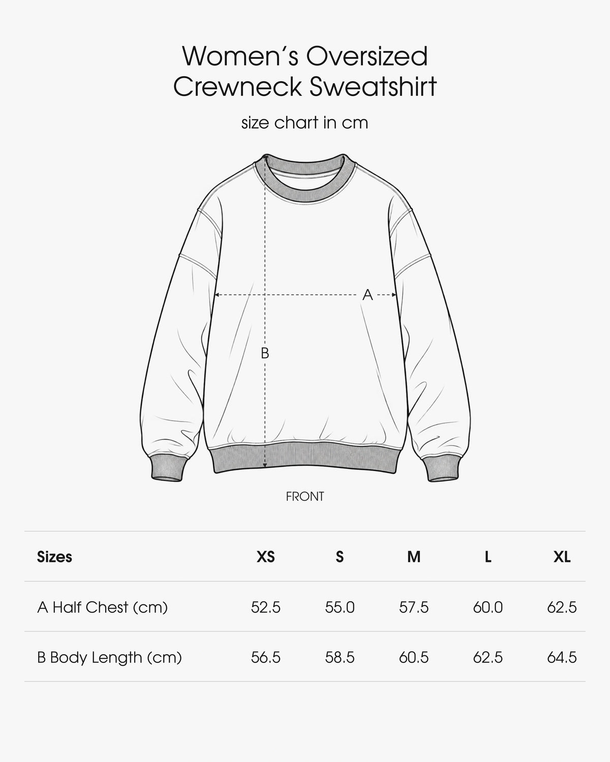 Women's oversized crewneck sweatshirt size chart in centimetres, sizes XS to XL