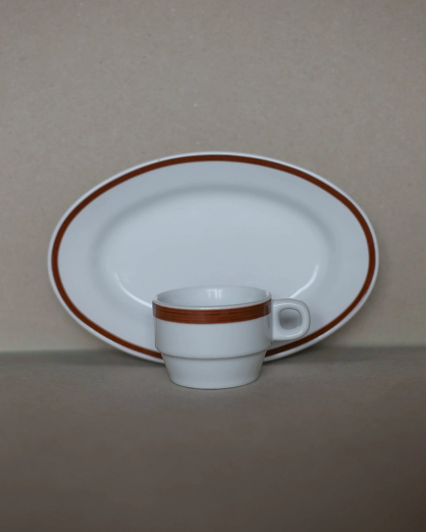 Vintage Jugokeramika Coffee Cup & Oval Dish Set – Brown Stripe