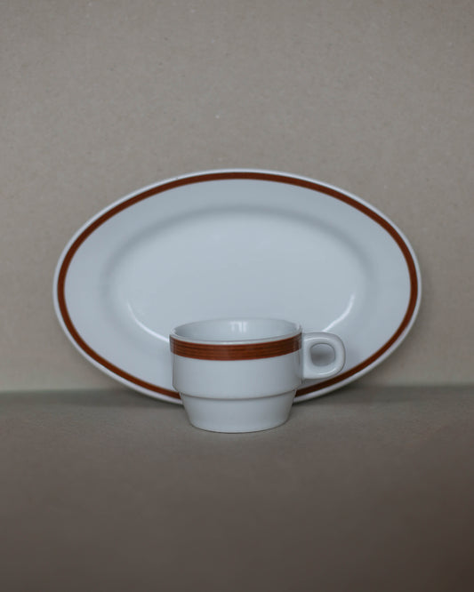 Vintage Jugokeramika Coffee Cup & Oval Dish Set – Brown Stripe