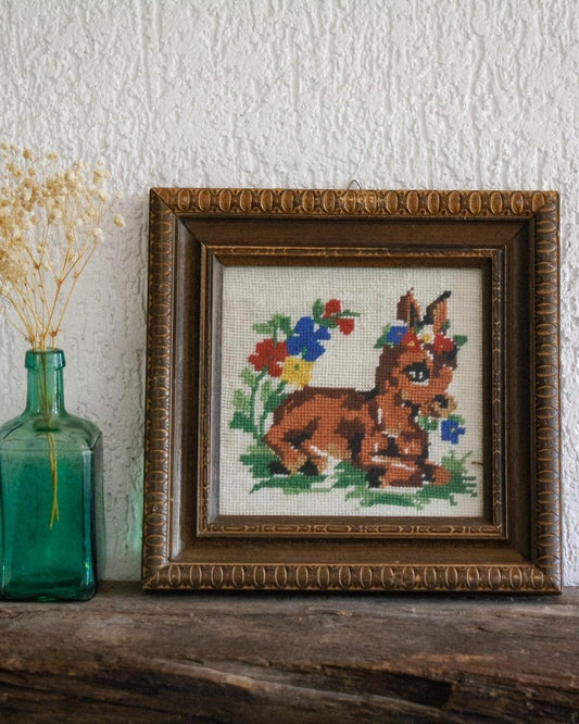 Vintage Framed Bambi Needlepoint Embroidery - Made in Yugoslavia